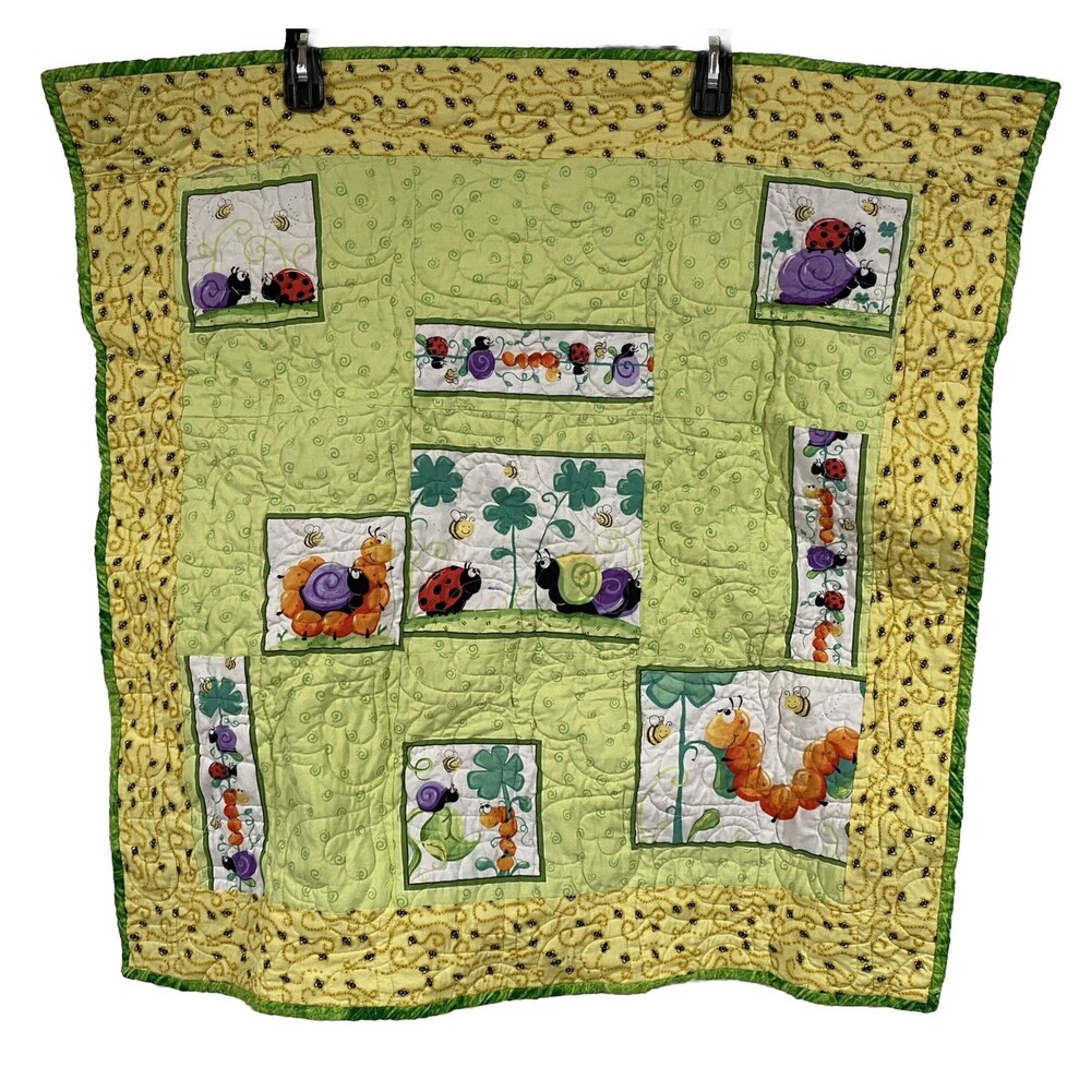 Vintage Handmade Baby Blanket Quilt Ladybugs Bees Caterpillars Snails Theme